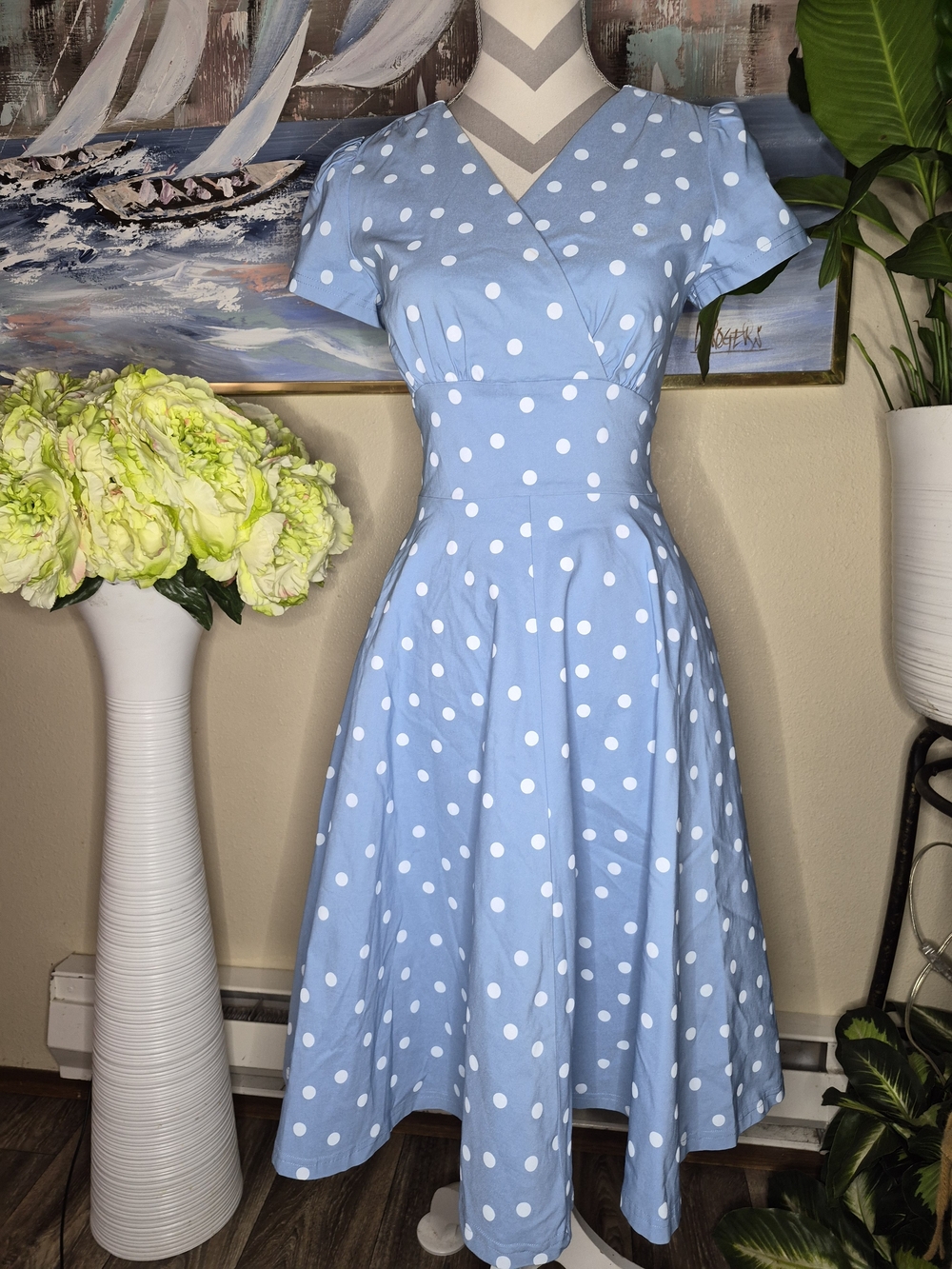 Vintage Gown Town Light Blue Polka Dot Wrap Dress